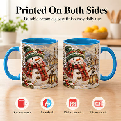 #pl[11oz|Blue] Snowman Chapel Coffee Mug, Winter Snowman Mug, Ceramic Cup