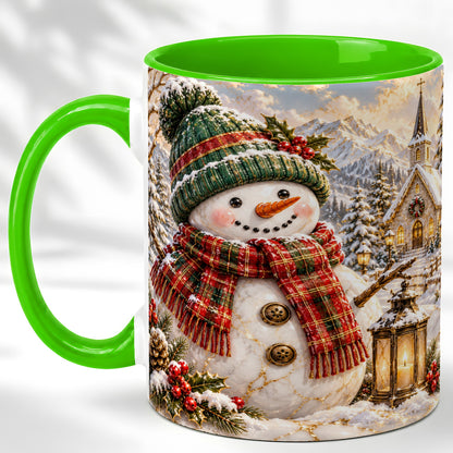 #pl[11oz|Green] Snowman Chapel Coffee Mug, Winter Snowman Mug, Ceramic Cup