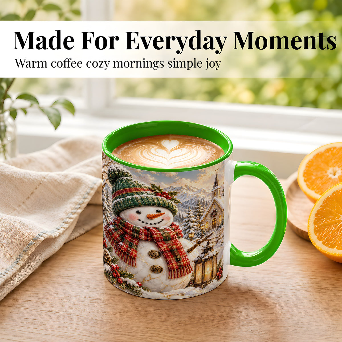 #pl[11oz|Green] Snowman Chapel Coffee Mug, Winter Snowman Mug, Ceramic Cup