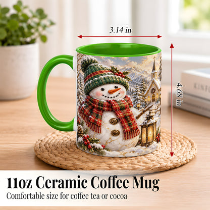 #pl[11oz|Green] Snowman Chapel Coffee Mug, Winter Snowman Mug, Ceramic Cup