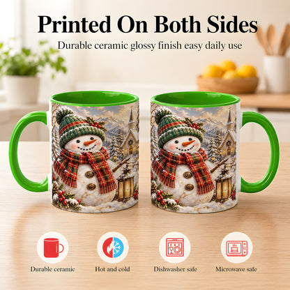 #pl[11oz|Green] Snowman Chapel Coffee Mug, Winter Snowman Mug, Ceramic Cup