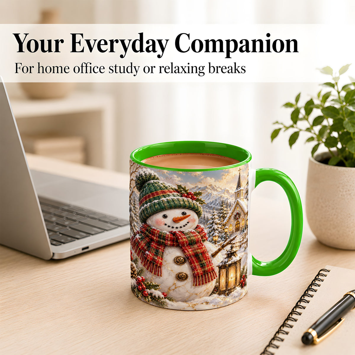 #pl[11oz|Green] Snowman Chapel Coffee Mug, Winter Snowman Mug, Ceramic Cup