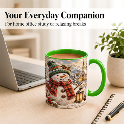 #pl[11oz|Green] Snowman Chapel Coffee Mug, Winter Snowman Mug, Ceramic Cup