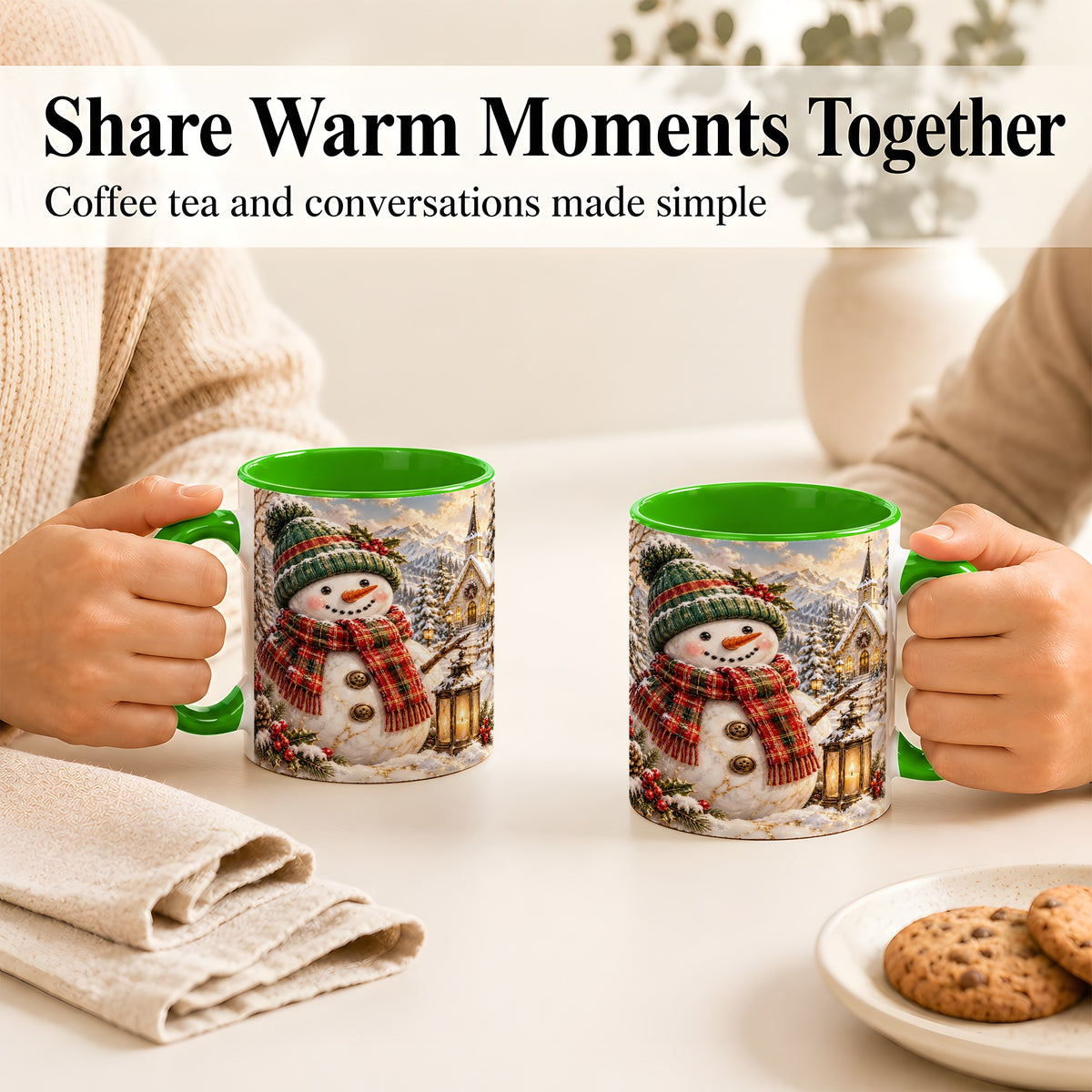 #pl[11oz|Green] Snowman Chapel Coffee Mug, Winter Snowman Mug, Ceramic Cup
