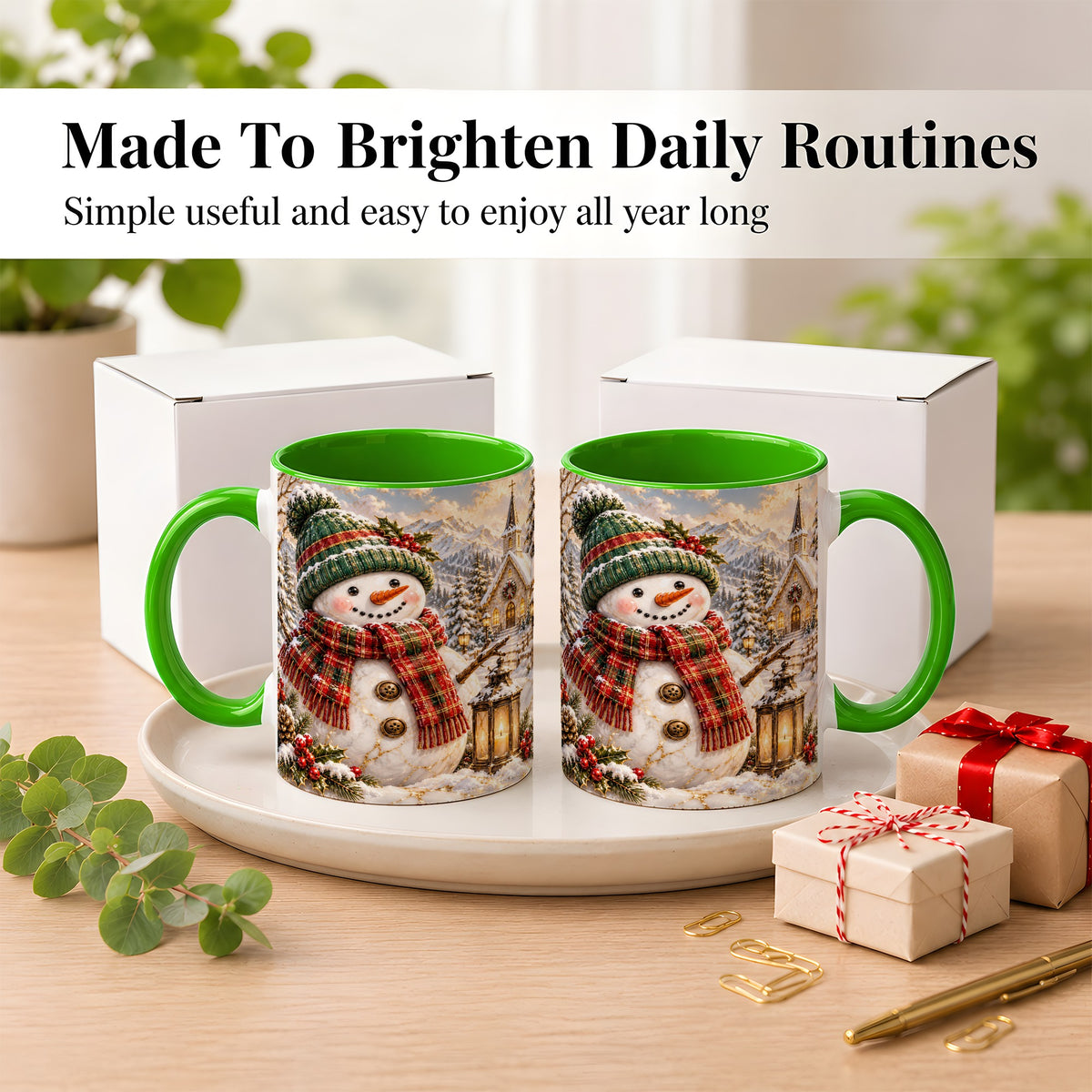 #pl[11oz|Green] Snowman Chapel Coffee Mug, Winter Snowman Mug, Ceramic Cup
