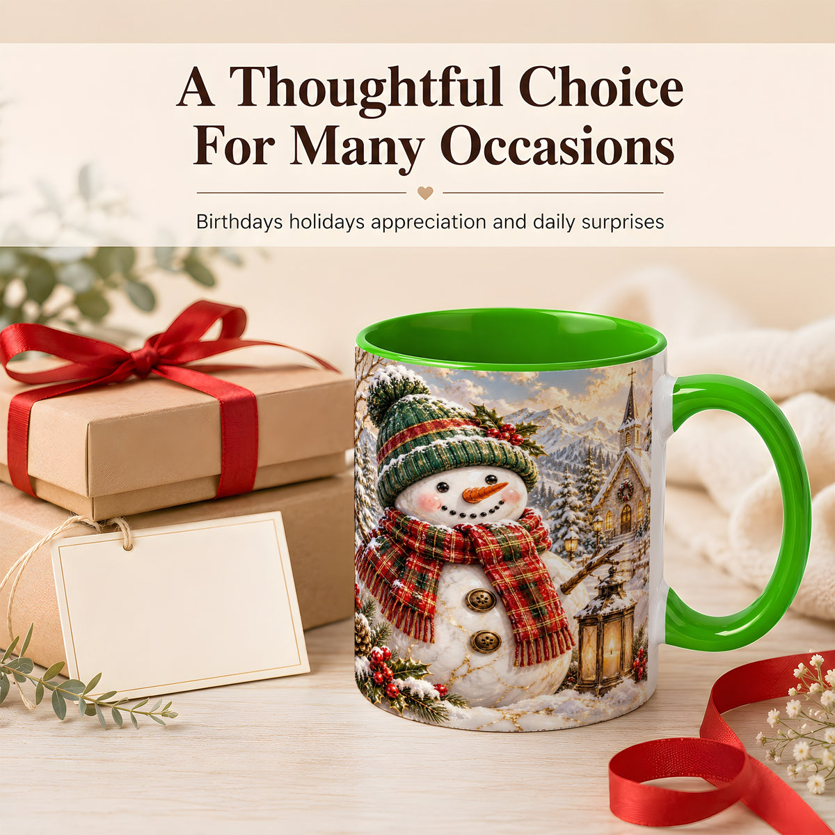 #pl[11oz|Green] Snowman Chapel Coffee Mug, Winter Snowman Mug, Ceramic Cup