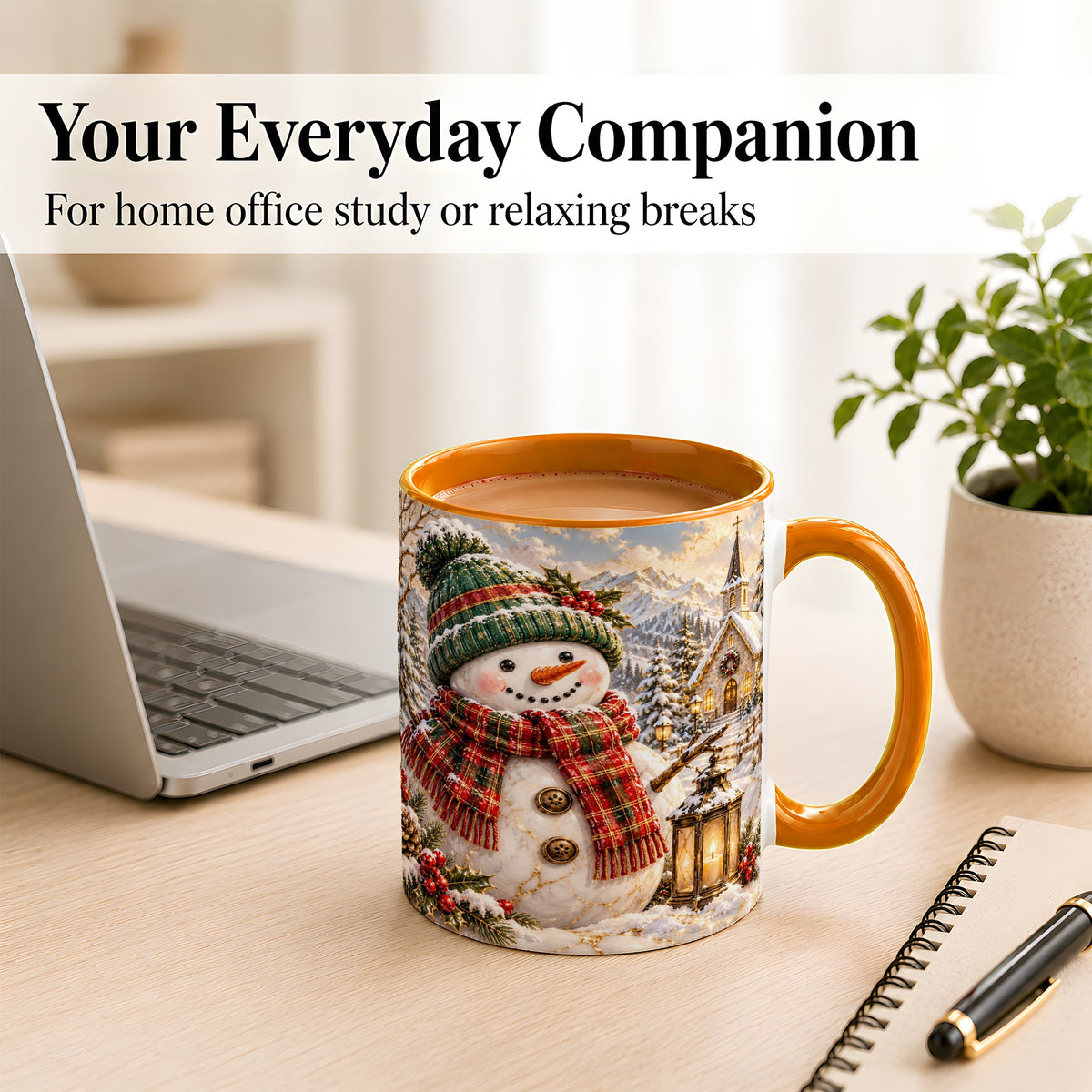 #pl[11oz|Orange] Snowman Chapel Coffee Mug, Winter Snowman Mug, Ceramic Cup