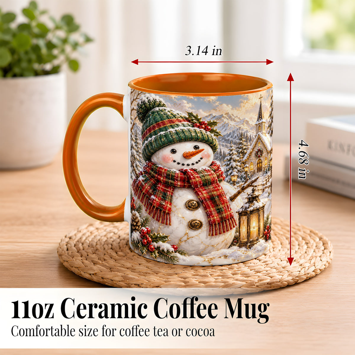 #pl[11oz|Orange] Snowman Chapel Coffee Mug, Winter Snowman Mug, Ceramic Cup