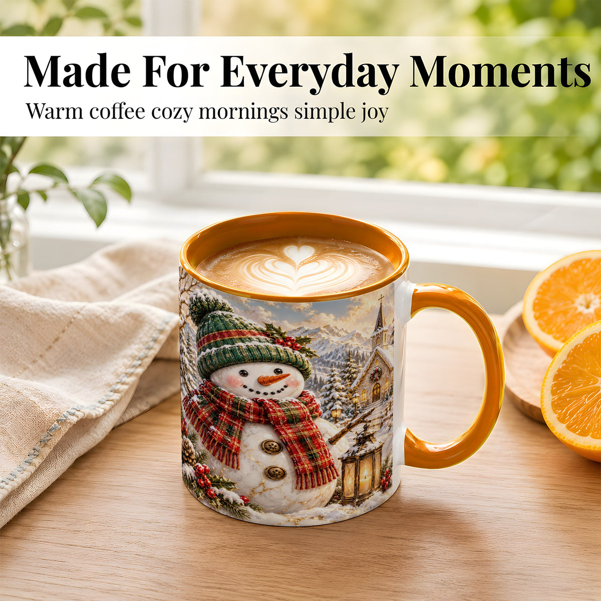 #pl[11oz|Orange] Snowman Chapel Coffee Mug, Winter Snowman Mug, Ceramic Cup