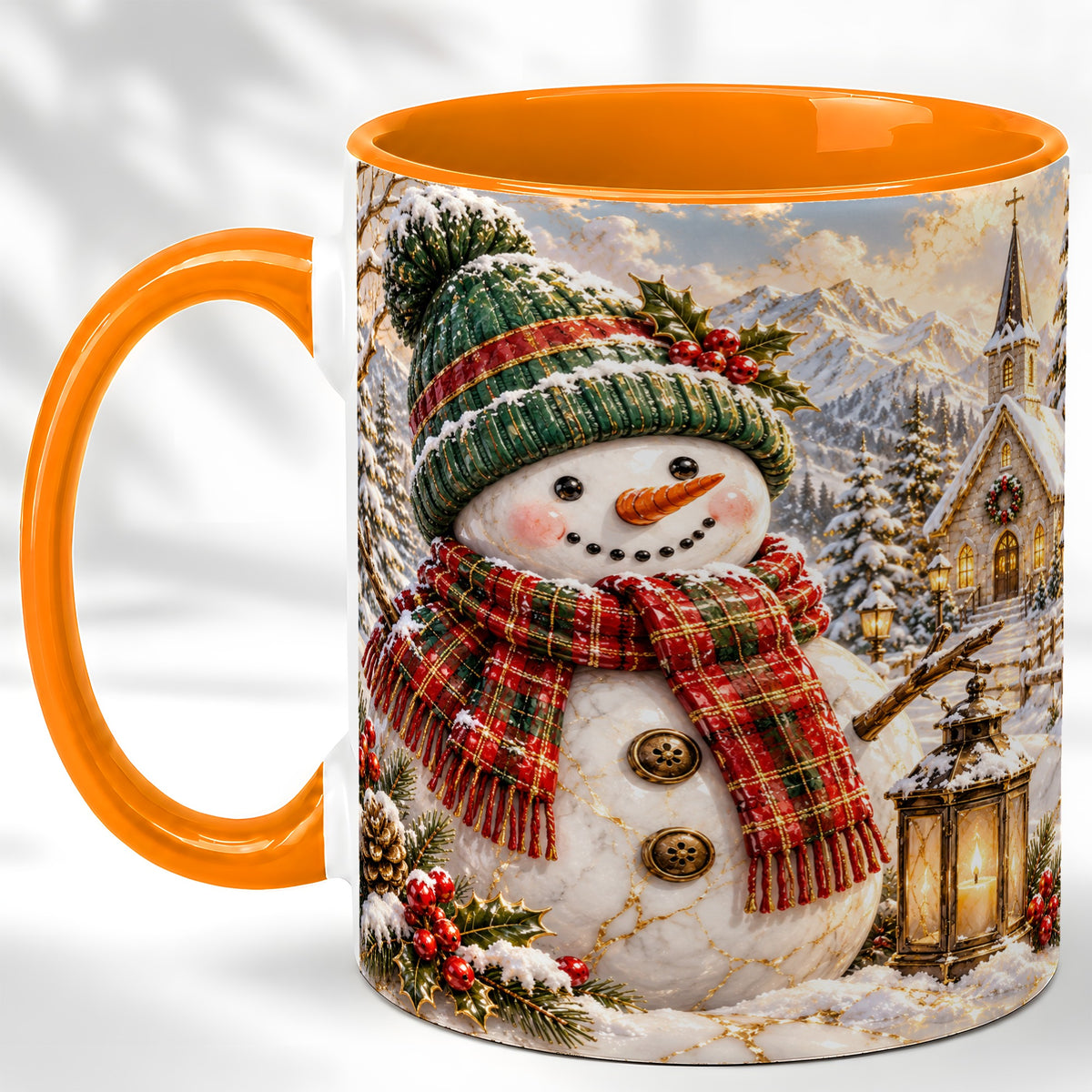 #pl[11oz|Orange] Snowman Chapel Coffee Mug, Winter Snowman Mug, Ceramic Cup