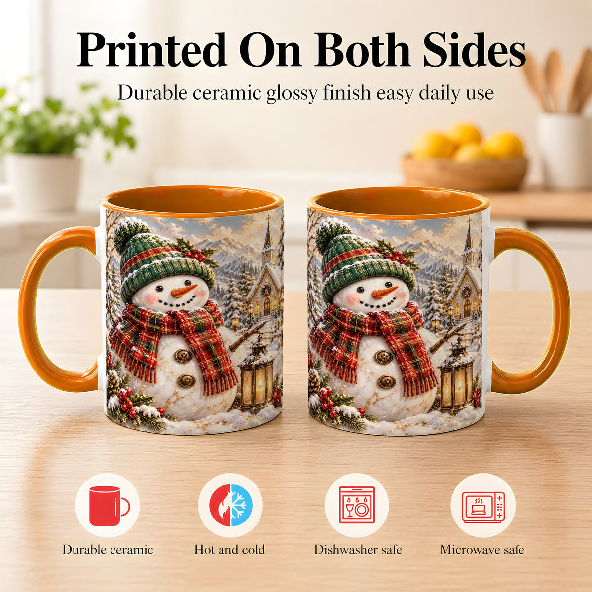 #pl[11oz|Orange] Snowman Chapel Coffee Mug, Winter Snowman Mug, Ceramic Cup