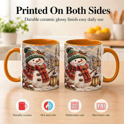 #pl[11oz|Orange] Snowman Chapel Coffee Mug, Winter Snowman Mug, Ceramic Cup