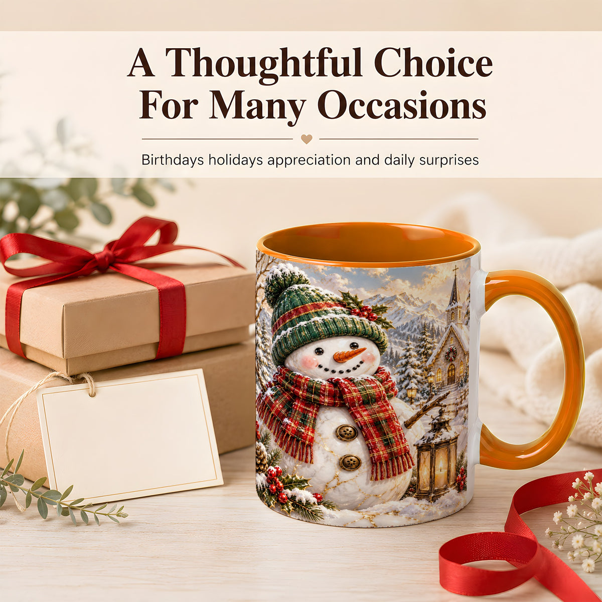 #pl[11oz|Orange] Snowman Chapel Coffee Mug, Winter Snowman Mug, Ceramic Cup
