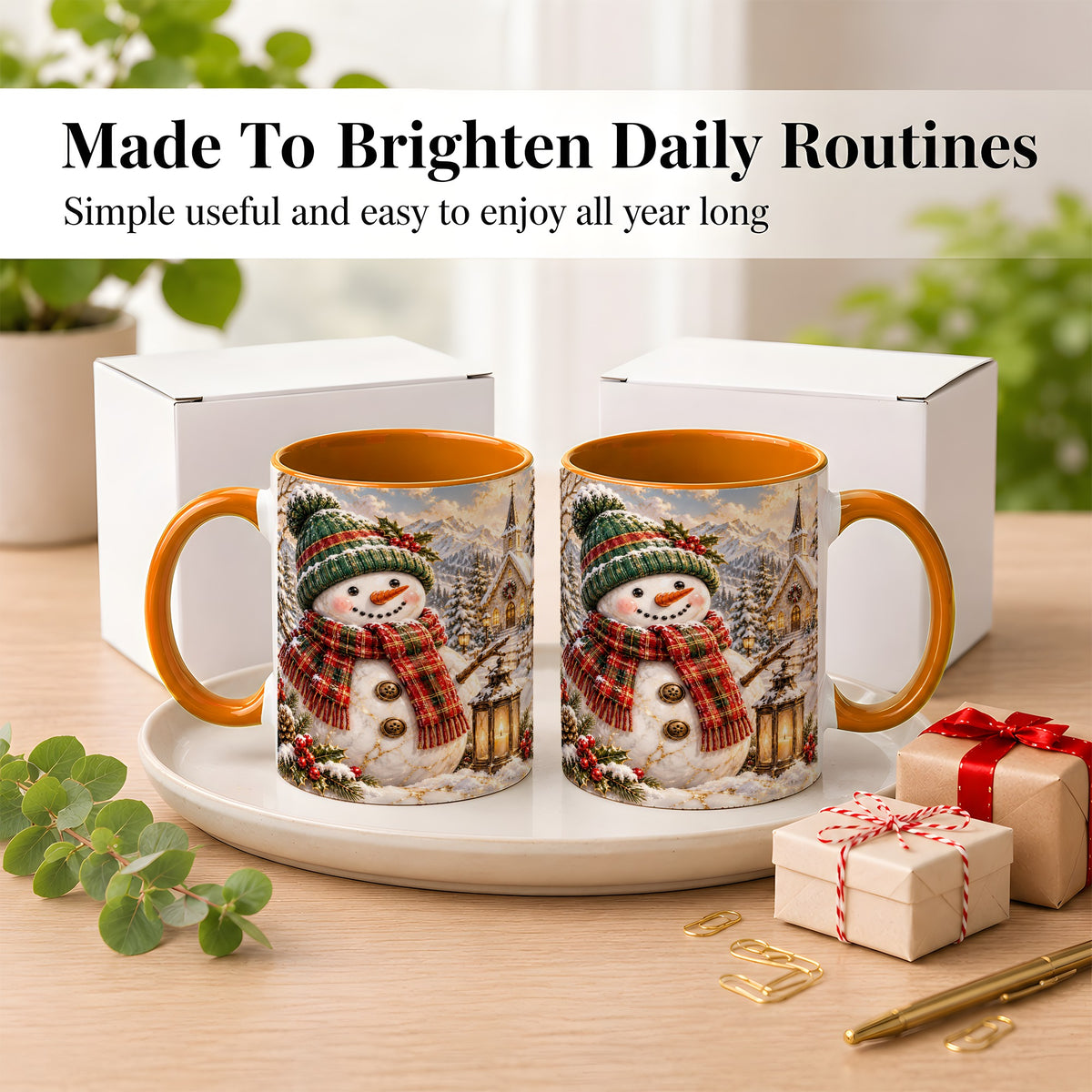#pl[11oz|Orange] Snowman Chapel Coffee Mug, Winter Snowman Mug, Ceramic Cup
