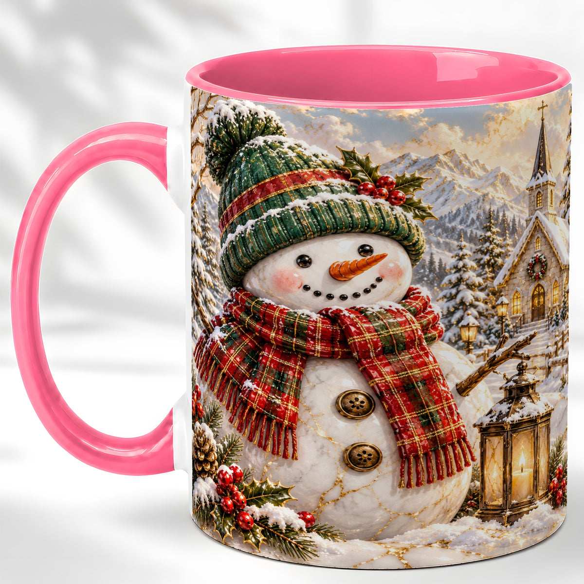 #pl[11oz|Pink] Snowman Chapel Coffee Mug, Winter Snowman Mug, Ceramic Cup