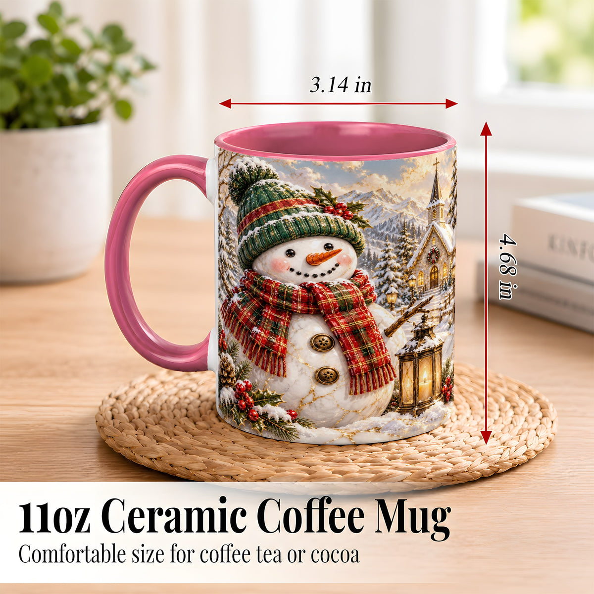 #pl[11oz|Pink] Snowman Chapel Coffee Mug, Winter Snowman Mug, Ceramic Cup