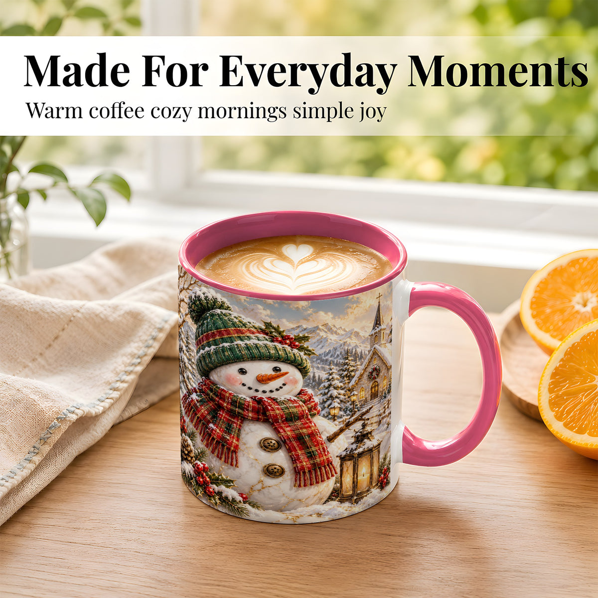 #pl[11oz|Pink] Snowman Chapel Coffee Mug, Winter Snowman Mug, Ceramic Cup