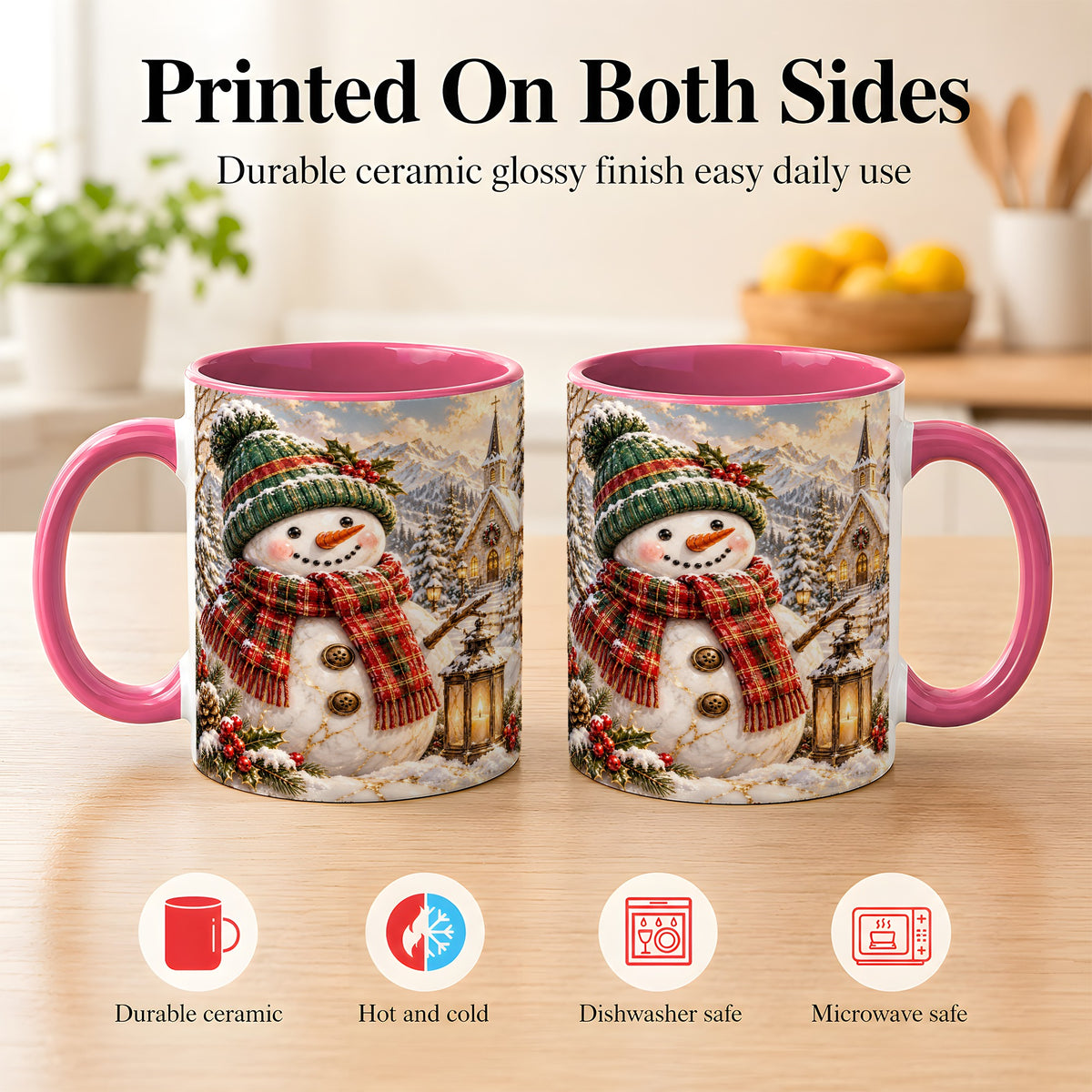 #pl[11oz|Pink] Snowman Chapel Coffee Mug, Winter Snowman Mug, Ceramic Cup