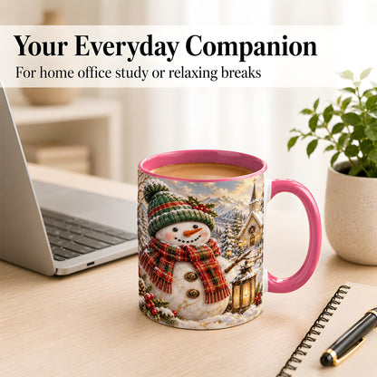 #pl[11oz|Pink] Snowman Chapel Coffee Mug, Winter Snowman Mug, Ceramic Cup