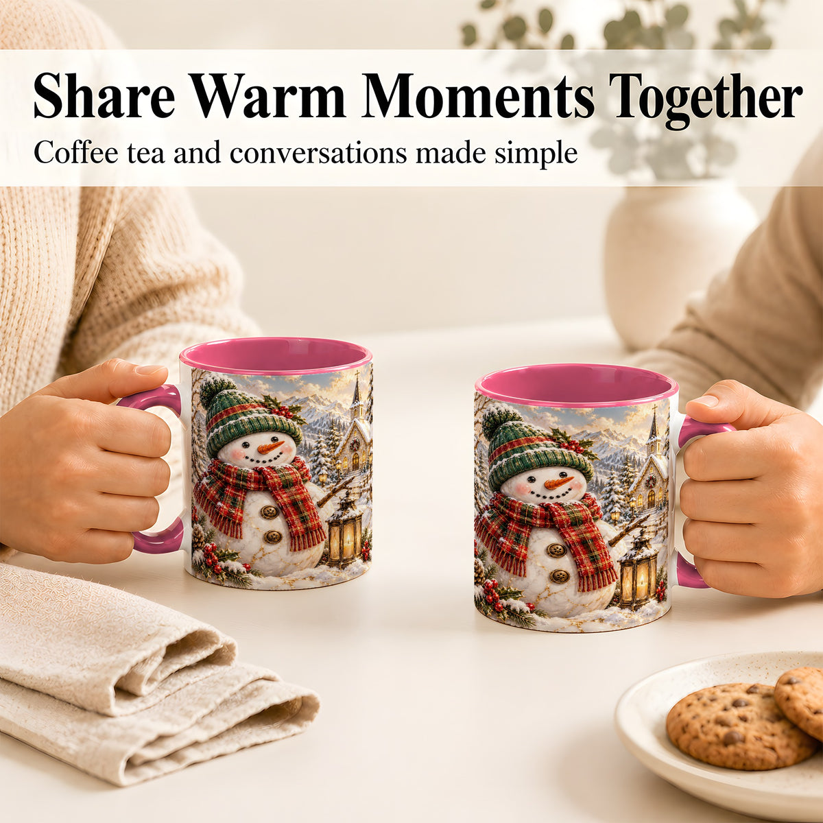 #pl[11oz|Pink] Snowman Chapel Coffee Mug, Winter Snowman Mug, Ceramic Cup