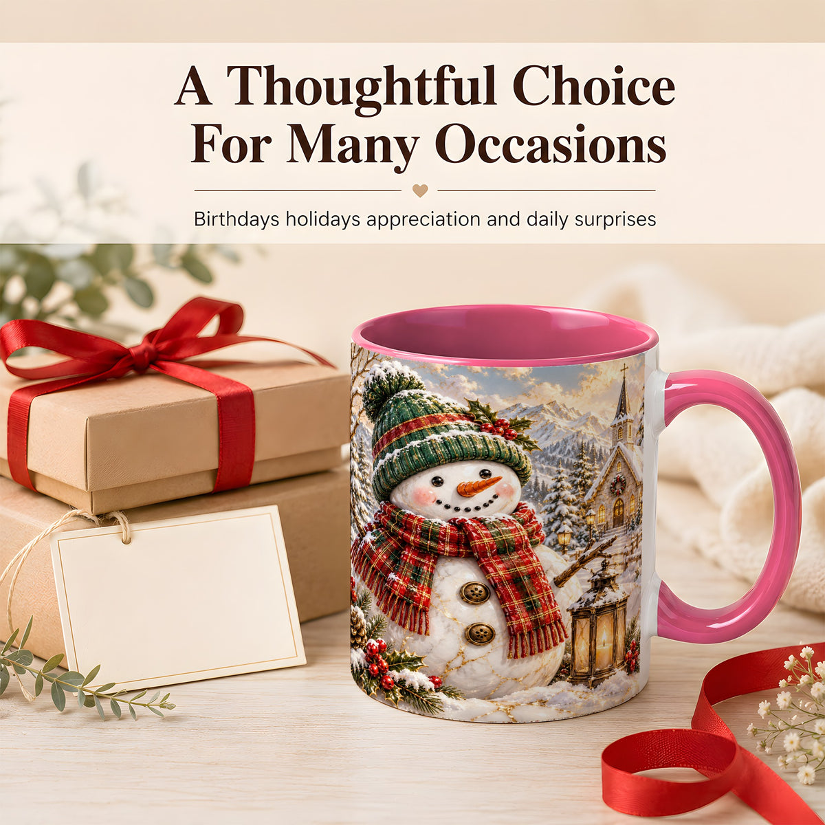 #pl[11oz|Pink] Snowman Chapel Coffee Mug, Winter Snowman Mug, Ceramic Cup