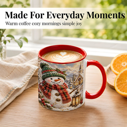 #pl[11oz|Red] Snowman Chapel Coffee Mug, Winter Snowman Mug, Ceramic Cup