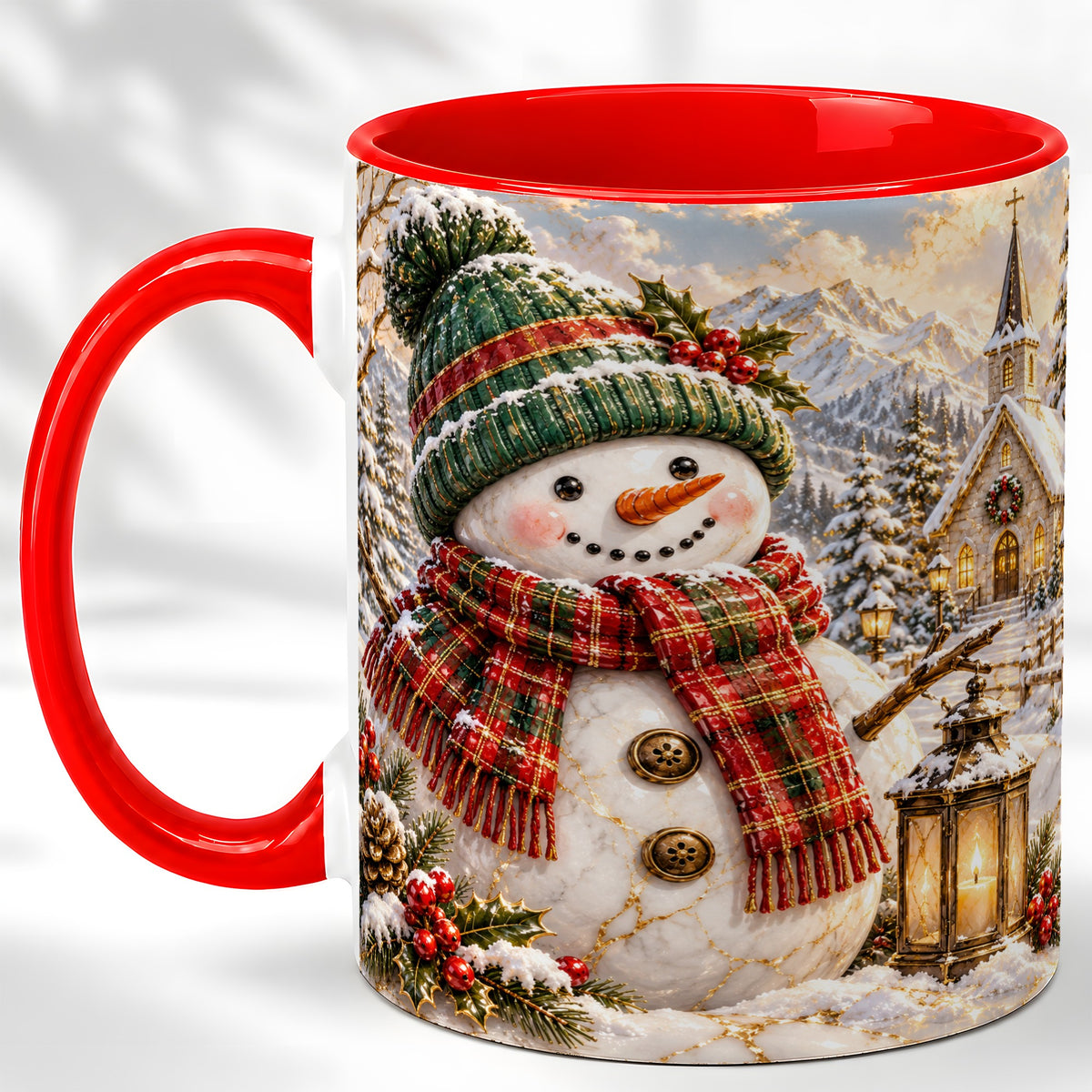 Snowman Chapel Coffee Mug, Winter Snowman Mug, Ceramic Cup