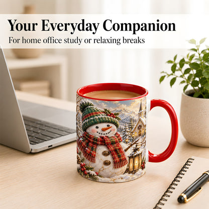 #pl[11oz|Red] Snowman Chapel Coffee Mug, Winter Snowman Mug, Ceramic Cup