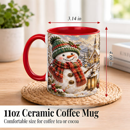 #pl[11oz|Red] Snowman Chapel Coffee Mug, Winter Snowman Mug, Ceramic Cup