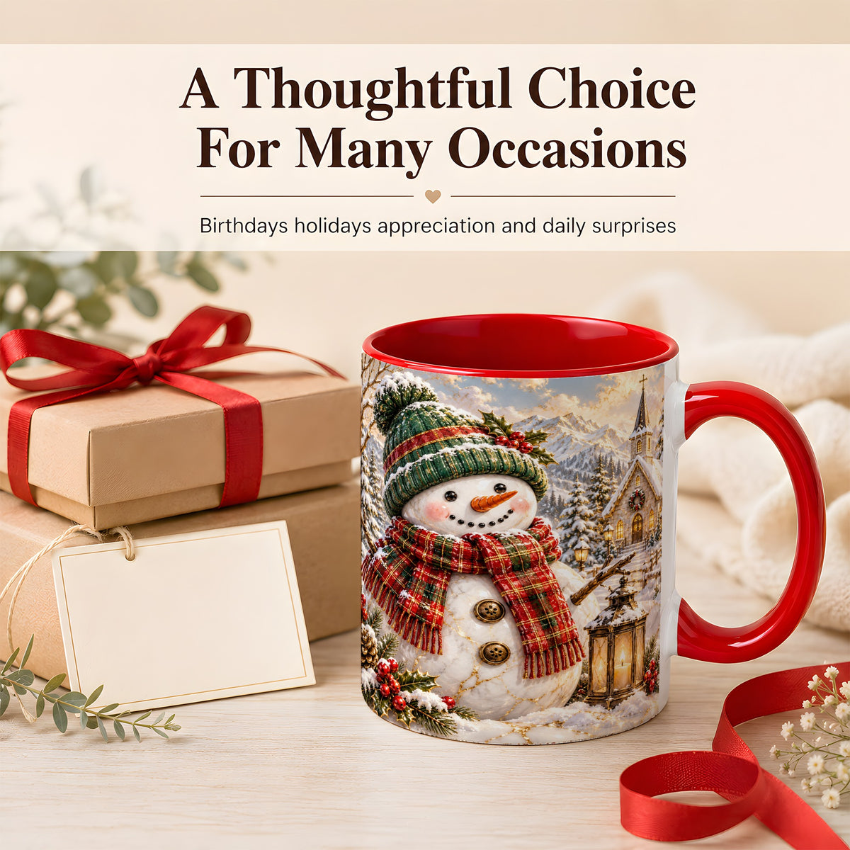 #pl[11oz|Red] Snowman Chapel Coffee Mug, Winter Snowman Mug, Ceramic Cup