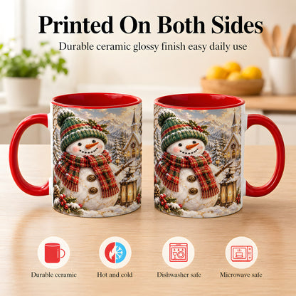 #pl[11oz|Red] Snowman Chapel Coffee Mug, Winter Snowman Mug, Ceramic Cup