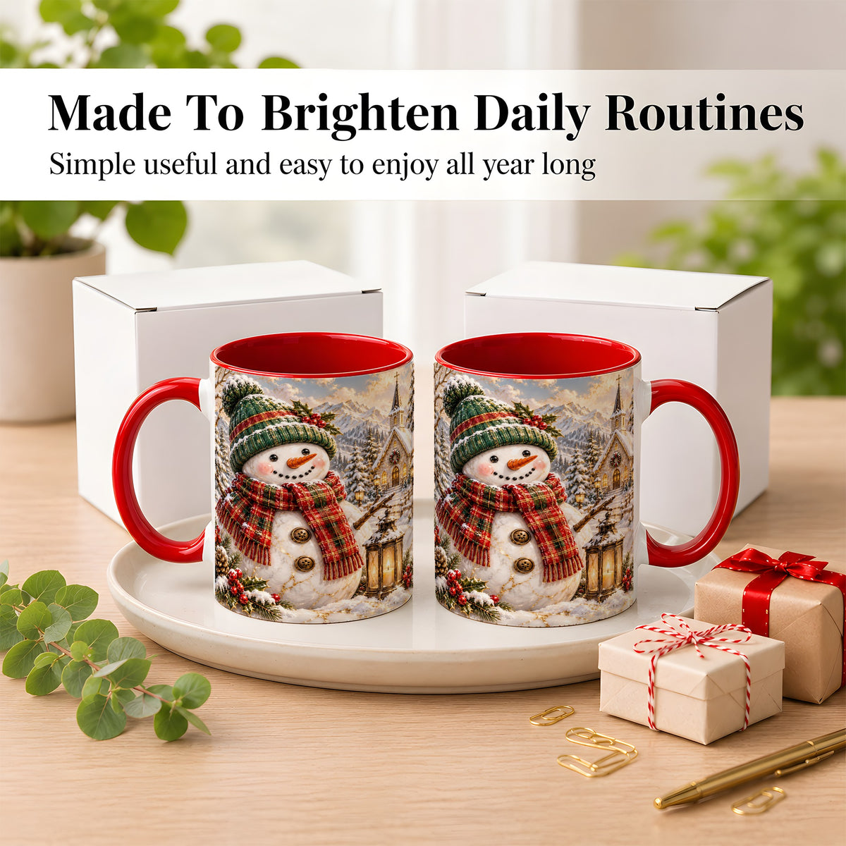 #pl[11oz|Red] Snowman Chapel Coffee Mug, Winter Snowman Mug, Ceramic Cup