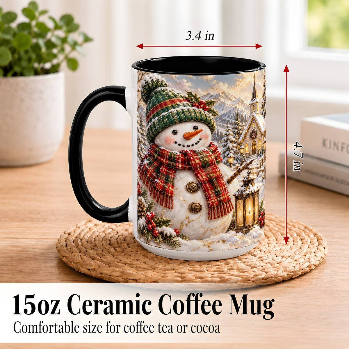 #pl[15oz|Black] Snowman Chapel Coffee Mug, Winter Snowman Mug, Ceramic Cup