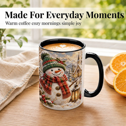 #pl[15oz|Black] Snowman Chapel Coffee Mug, Winter Snowman Mug, Ceramic Cup