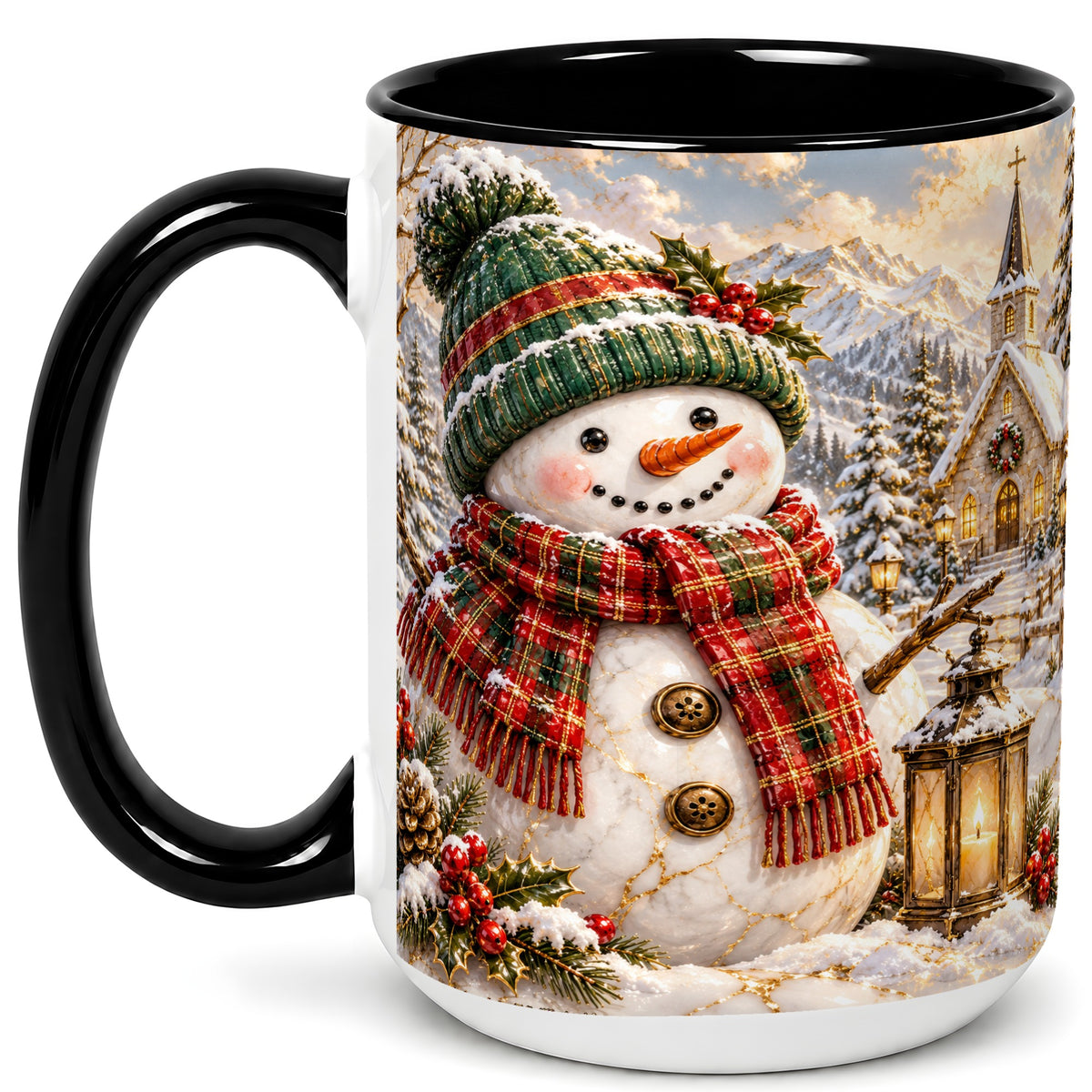 #pl[15oz|Black] Snowman Chapel Coffee Mug, Winter Snowman Mug, Ceramic Cup
