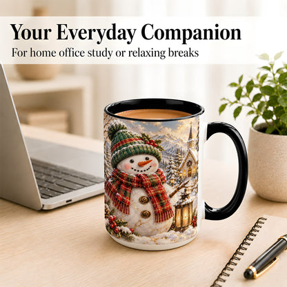#pl[15oz|Black] Snowman Chapel Coffee Mug, Winter Snowman Mug, Ceramic Cup