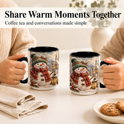 #pl[15oz|Black] Snowman Chapel Coffee Mug, Winter Snowman Mug, Ceramic Cup