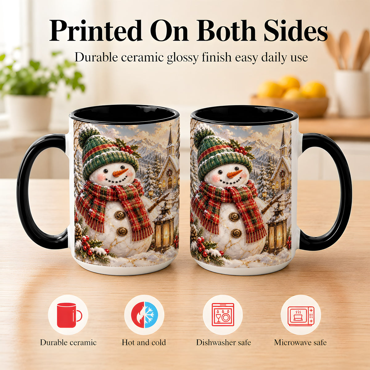 #pl[15oz|Black] Snowman Chapel Coffee Mug, Winter Snowman Mug, Ceramic Cup