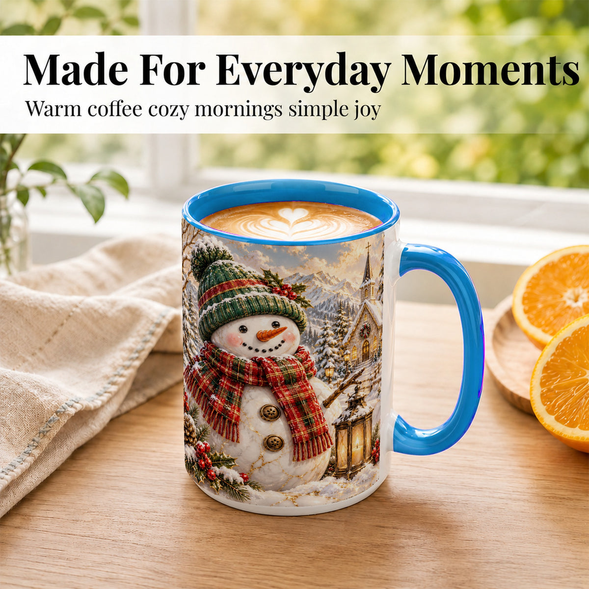 #pl[15oz|Blue] Snowman Chapel Coffee Mug, Winter Snowman Mug, Ceramic Cup
