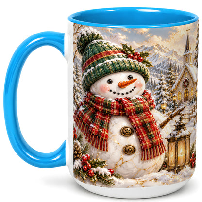 #pl[15oz|Blue] Snowman Chapel Coffee Mug, Winter Snowman Mug, Ceramic Cup