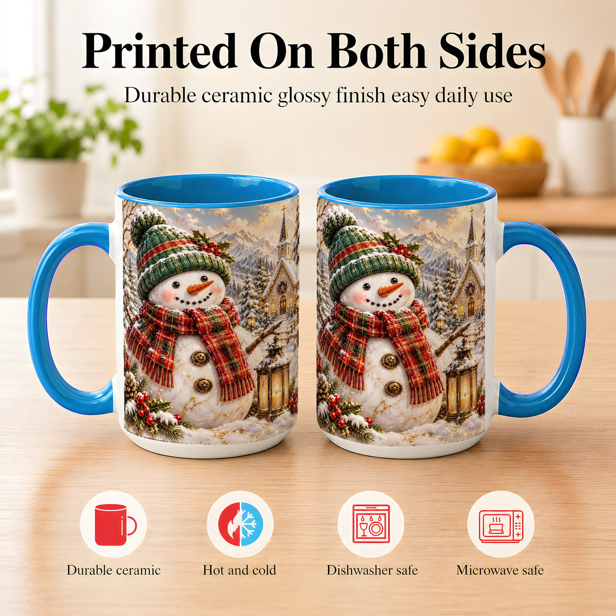#pl[15oz|Blue] Snowman Chapel Coffee Mug, Winter Snowman Mug, Ceramic Cup