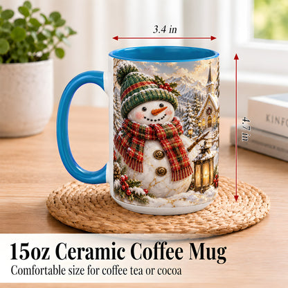 #pl[15oz|Blue] Snowman Chapel Coffee Mug, Winter Snowman Mug, Ceramic Cup