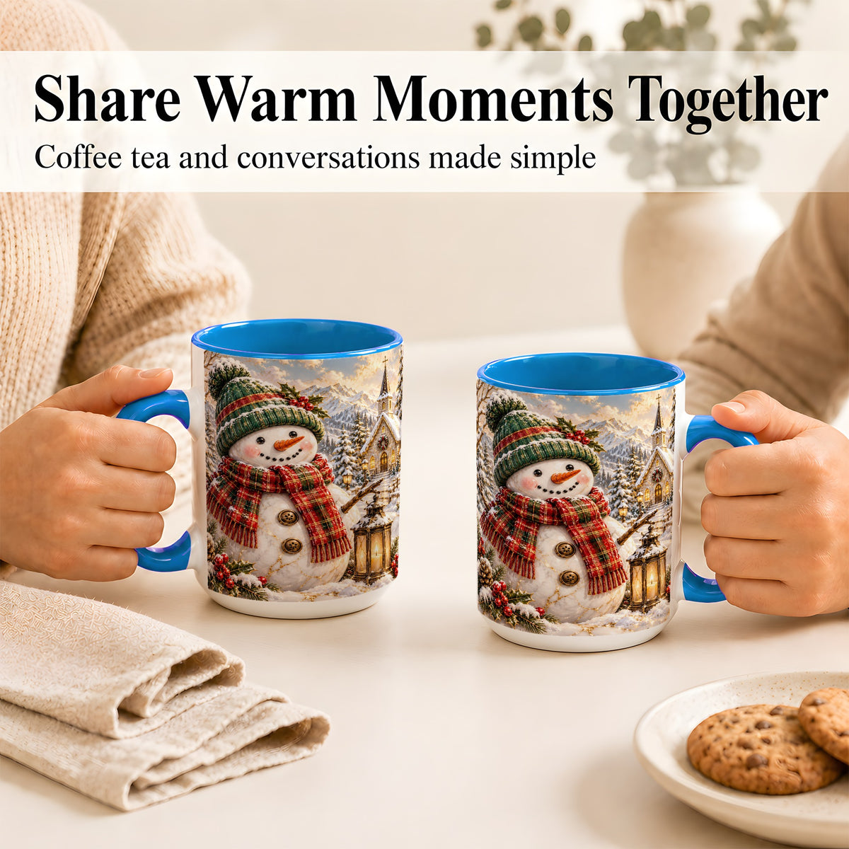 #pl[15oz|Blue] Snowman Chapel Coffee Mug, Winter Snowman Mug, Ceramic Cup