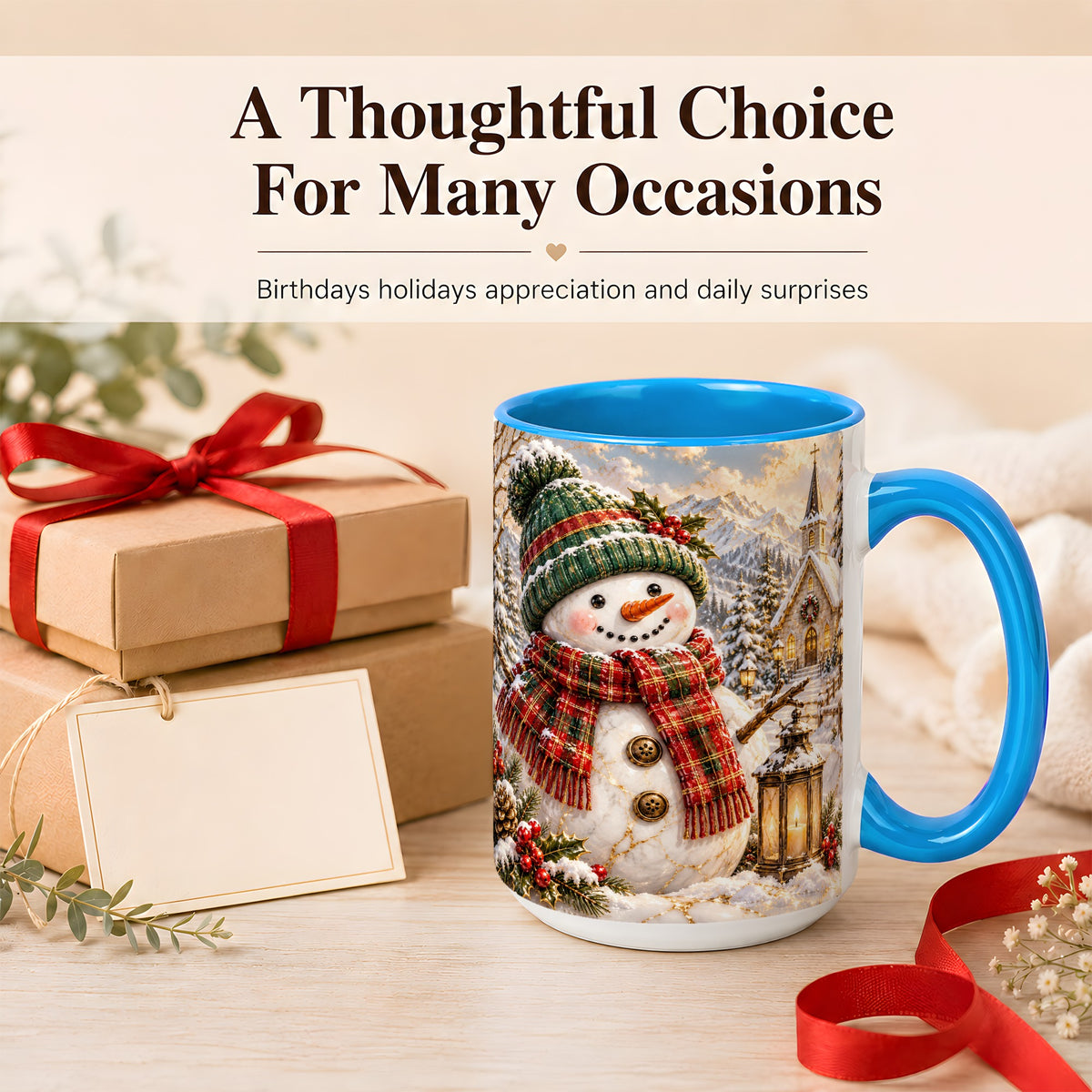 #pl[15oz|Blue] Snowman Chapel Coffee Mug, Winter Snowman Mug, Ceramic Cup