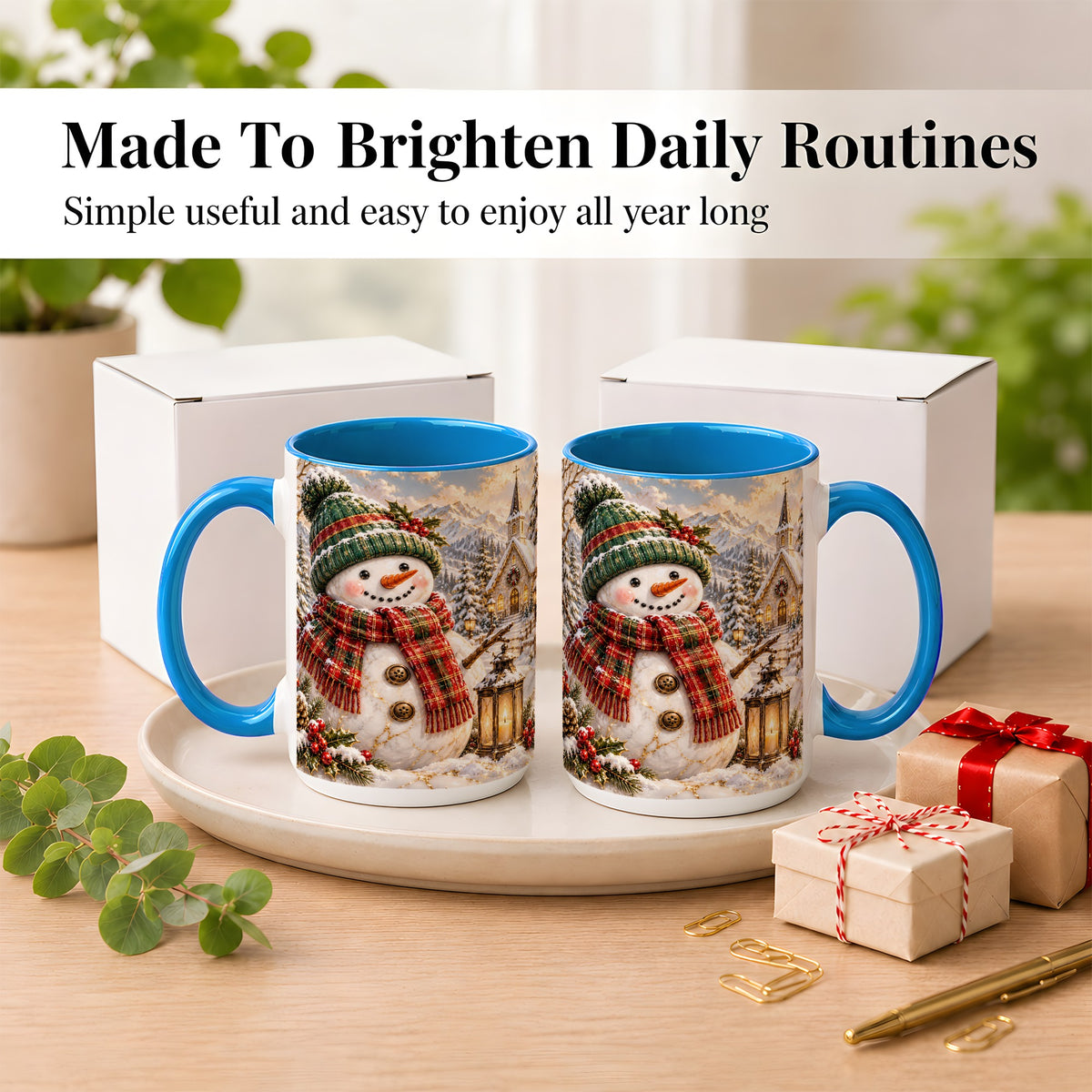 #pl[15oz|Blue] Snowman Chapel Coffee Mug, Winter Snowman Mug, Ceramic Cup