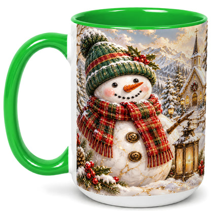 #pl[15oz|Green] Snowman Chapel Coffee Mug, Winter Snowman Mug, Ceramic Cup