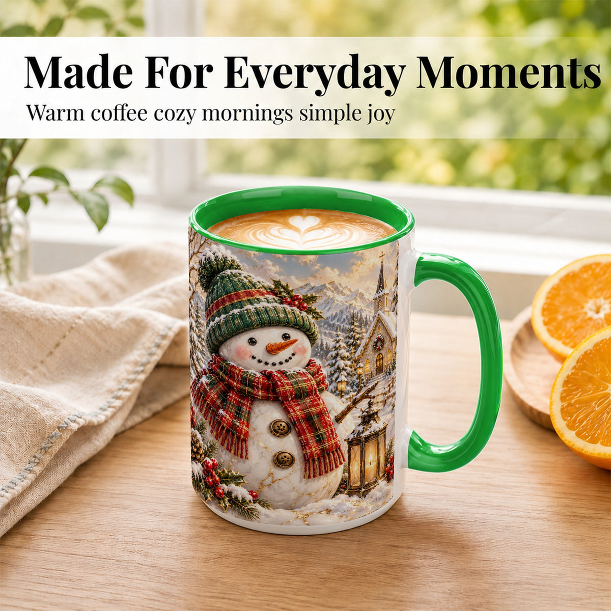 #pl[15oz|Green] Snowman Chapel Coffee Mug, Winter Snowman Mug, Ceramic Cup