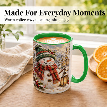 #pl[15oz|Green] Snowman Chapel Coffee Mug, Winter Snowman Mug, Ceramic Cup