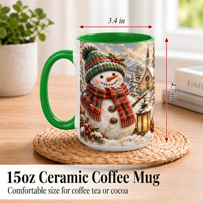 #pl[15oz|Green] Snowman Chapel Coffee Mug, Winter Snowman Mug, Ceramic Cup