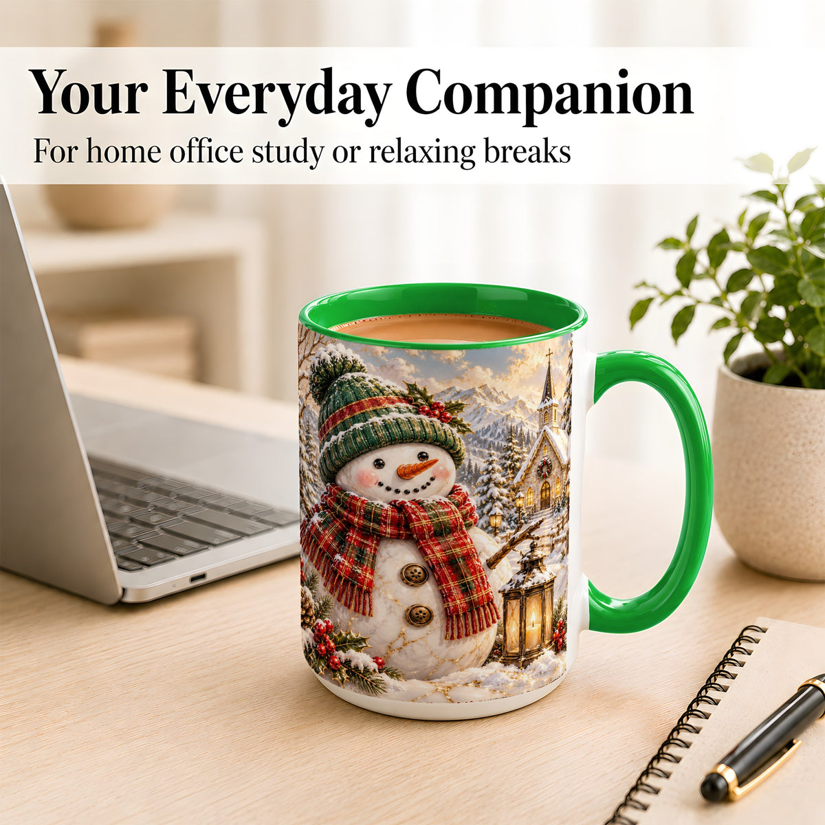 #pl[15oz|Green] Snowman Chapel Coffee Mug, Winter Snowman Mug, Ceramic Cup